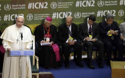 Pope Francis delivers speech during meeting at United Nations' Food and Agriculture Organization headquarters in Rome